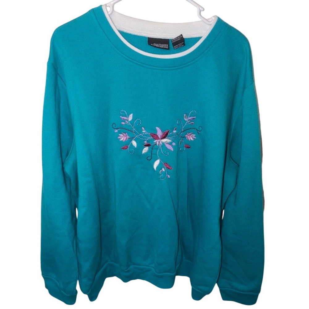 Southern Expressions Womens 2XL Teal Floral Embroidered Crew Neck Sweatshirt
